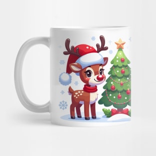 "Jolly Reindeer & Christmas Tree" - Whimsical Holiday Illustration Mug